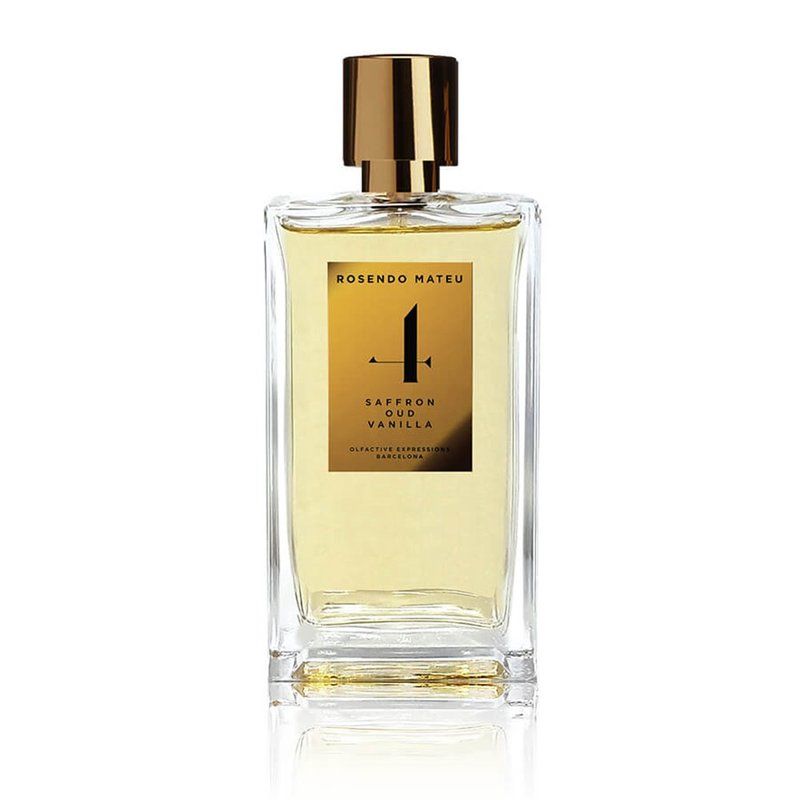 Rosendo Mateu No 4 perfume bottle with saffron oud vanilla scent in clear glass and gold cap