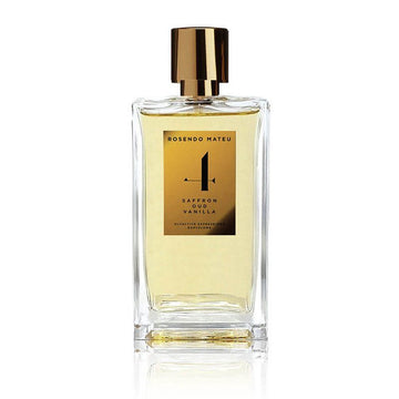Rosendo Mateu No 4 perfume bottle with saffron oud vanilla scent in clear glass and gold cap
