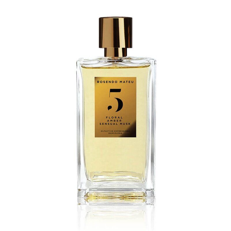 Rosendo Mateu No 5 perfume bottle with golden label and cap featuring floral amber musk scent