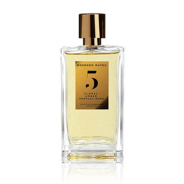 Rosendo Mateu No 5 perfume bottle with golden label and cap featuring floral amber musk scent