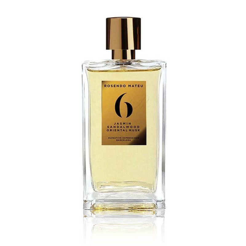 Rosendo Mateu No 6 perfume bottle with jasmine sandalwood oriental musk fragrance in clear glass