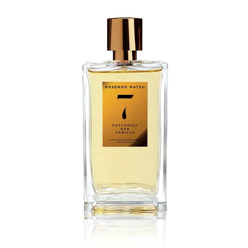 Rosendo Mateu No 7 perfume bottle with patchouli oud and vanilla fragrance in clear glass