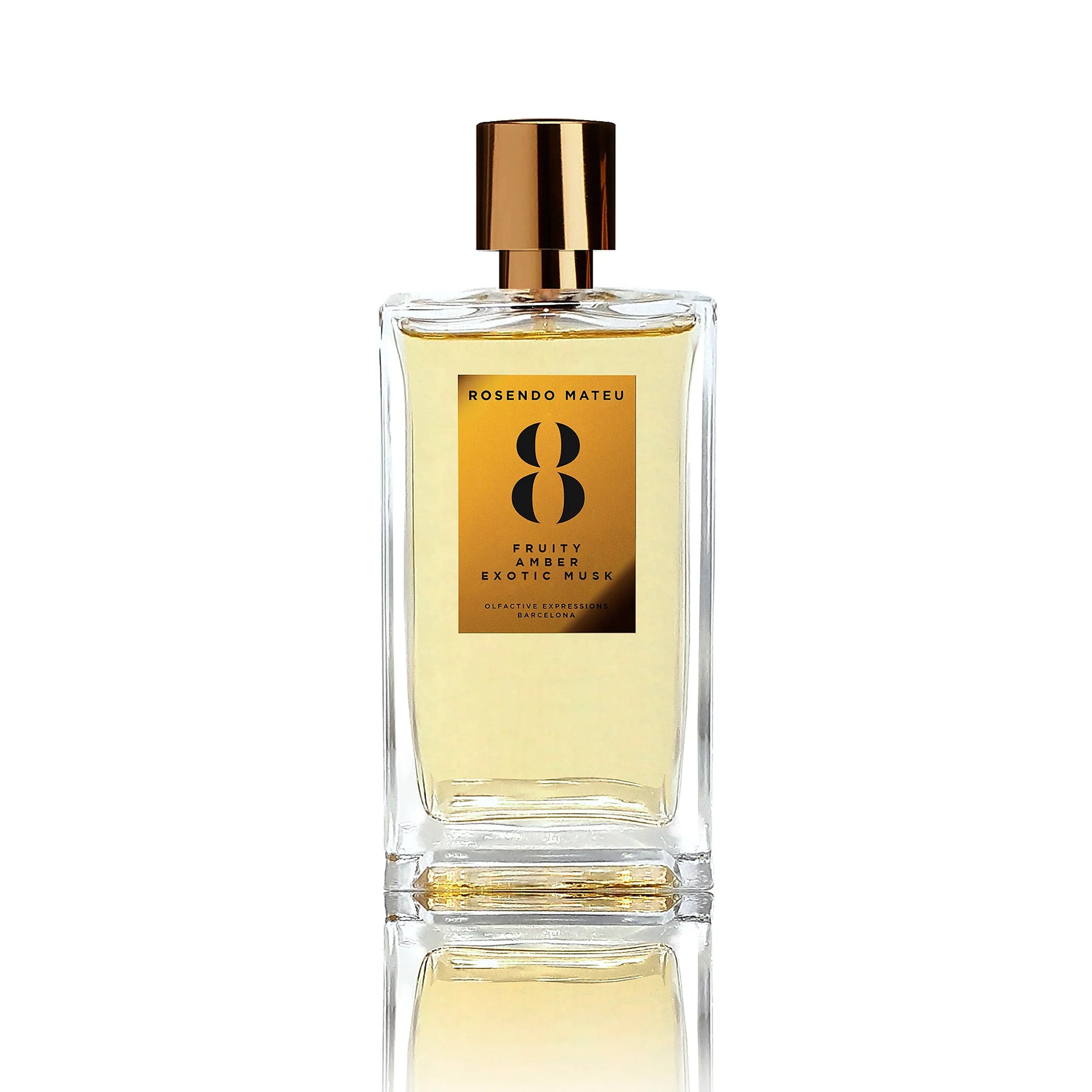 Rosendo Mateu No 8 perfume Dubai bottle with golden label and citrus amber musk fragrance