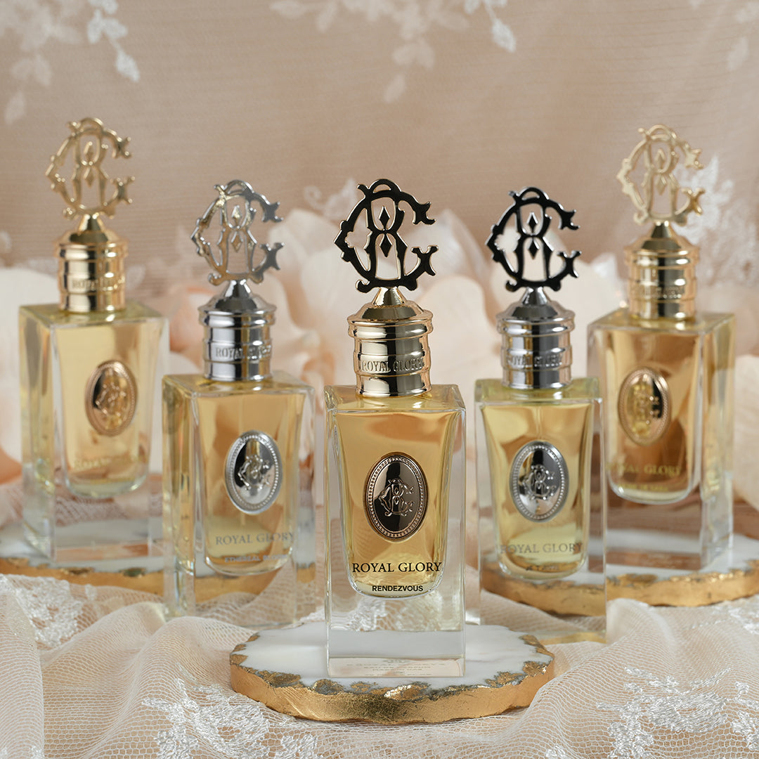 ROYAL GLORY Rendezvous niche perfume Dubai collection with elegant glass bottles and decorative metal caps