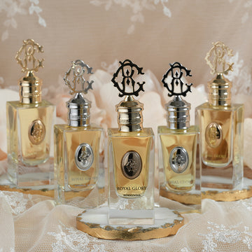 ROYAL GLORY Rendezvous niche perfume Dubai collection with elegant glass bottles and decorative metal caps