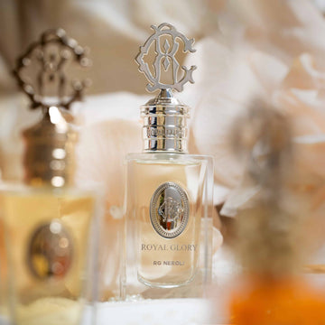 ROYAL GLORY perfume bottle featuring RG Neroli niche fragrance with elegant silver cap and logo