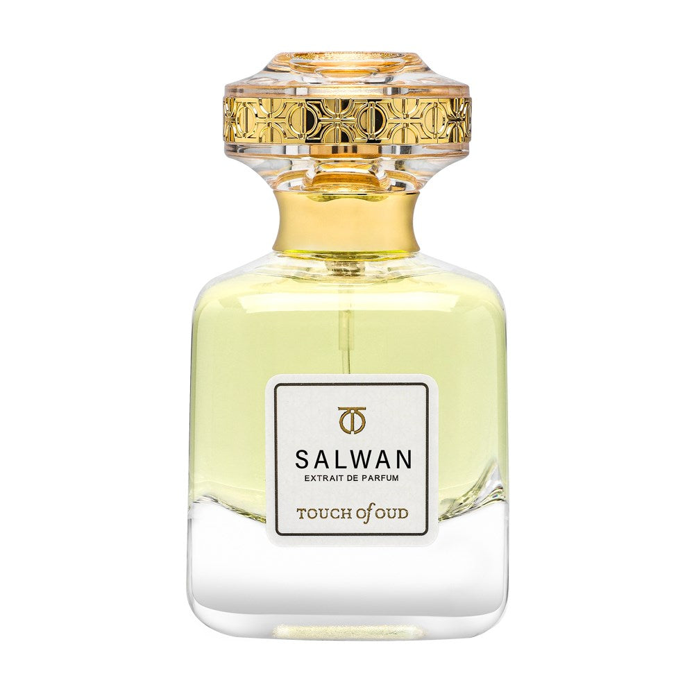Touch Of Oud fragrance 80ml Salwan perfume bottle with gold decorative cap and light yellow liquid