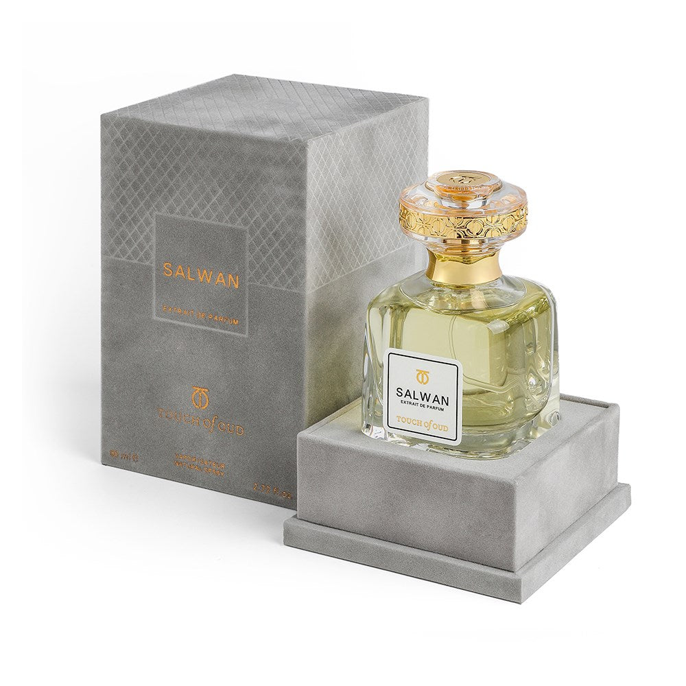 Touch Of Oud fragrance 80ml in a luxurious glass bottle with gold detailing and gray packaging