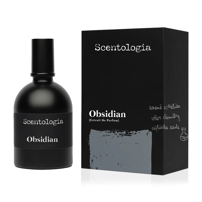 SCENTOLOGIA Obsidian niche perfume bottle and black box packaging with minimalist design