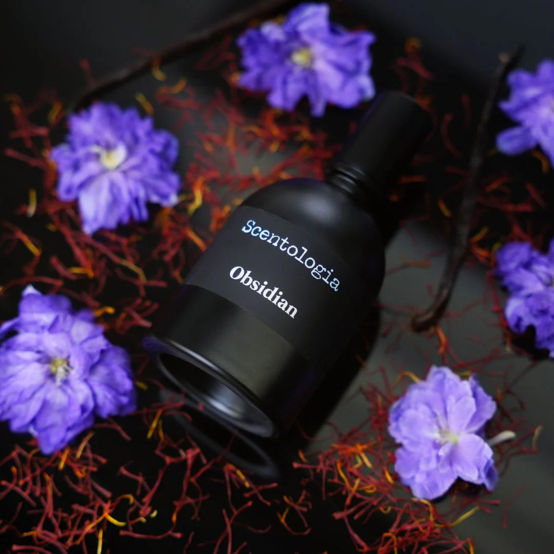 SCENTOLOGIA Obsidian niche perfume bottle and black box packaging with minimalist design