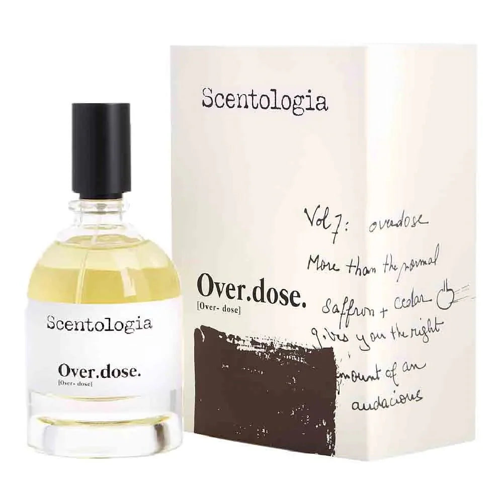 SCENTOLOGIA Overdose niche perfume bottle and packaging with saffron and cedar scent notes