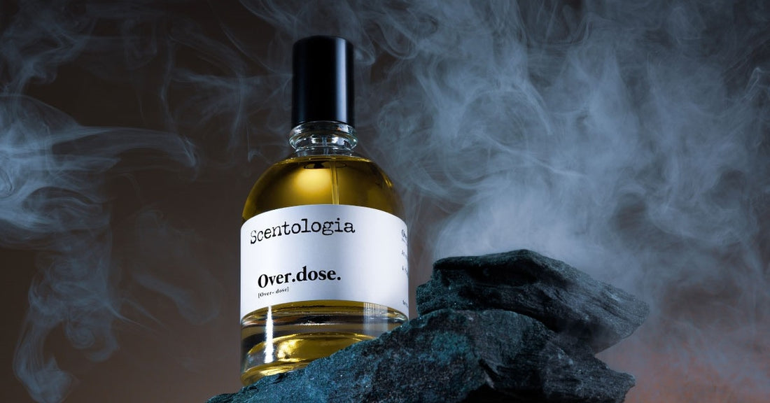 SCENTOLOGIA Overdose niche perfume bottle and packaging with saffron and cedar scent notes