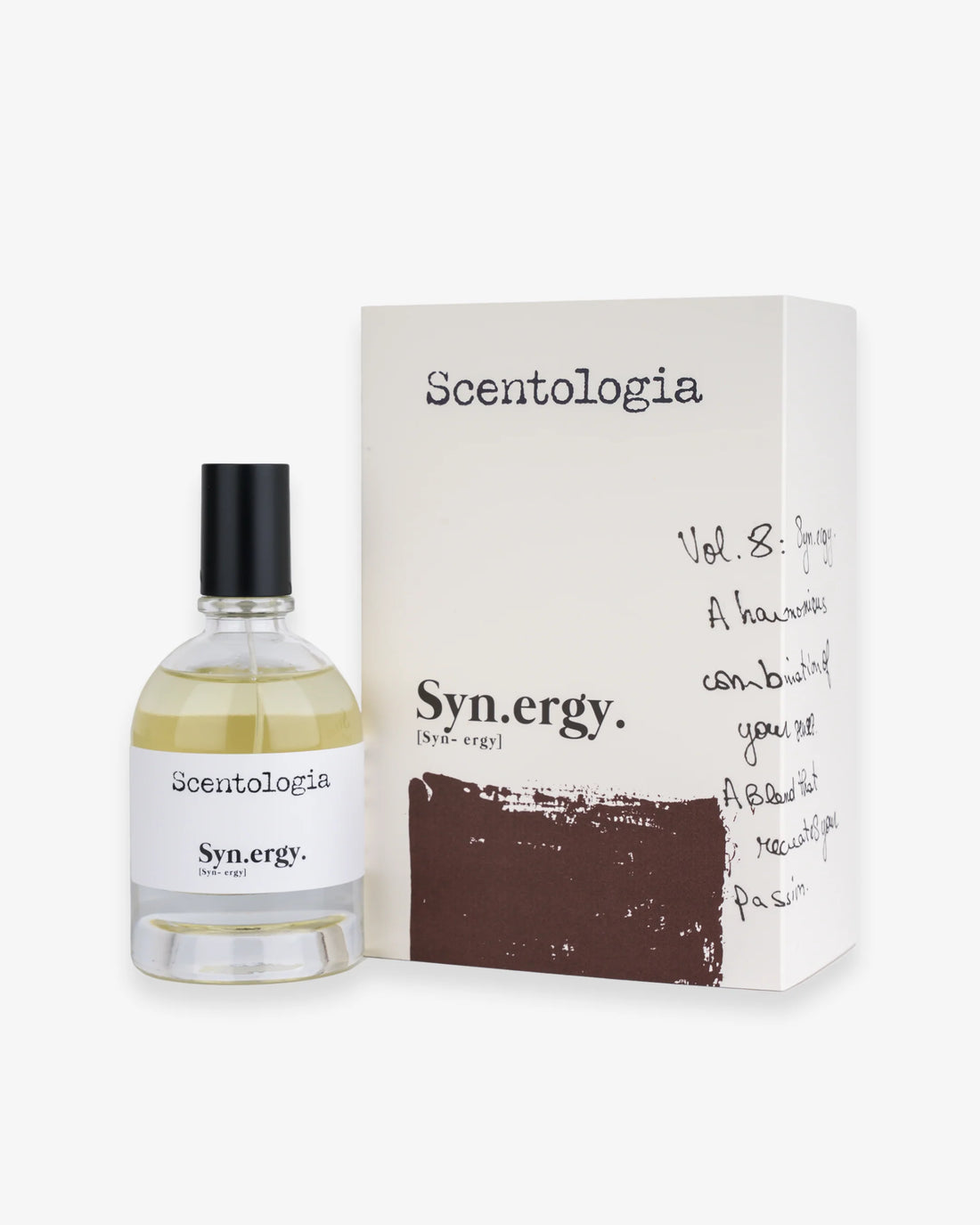 Synergy fragrance by Scentologia bottle with black cap next to white and brown branded packaging box