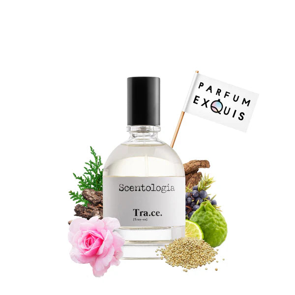 Scentologia Trace fragrance perfume bottle surrounded by natural ingredients and Parfum Exquis flag