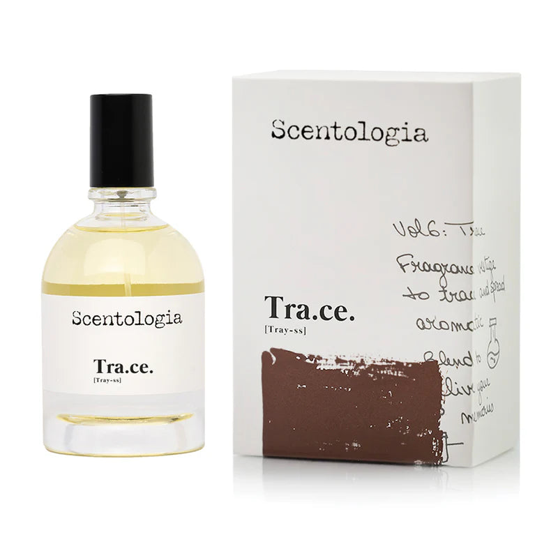Scentologia Trace fragrance bottle and box with clean white design and black cap