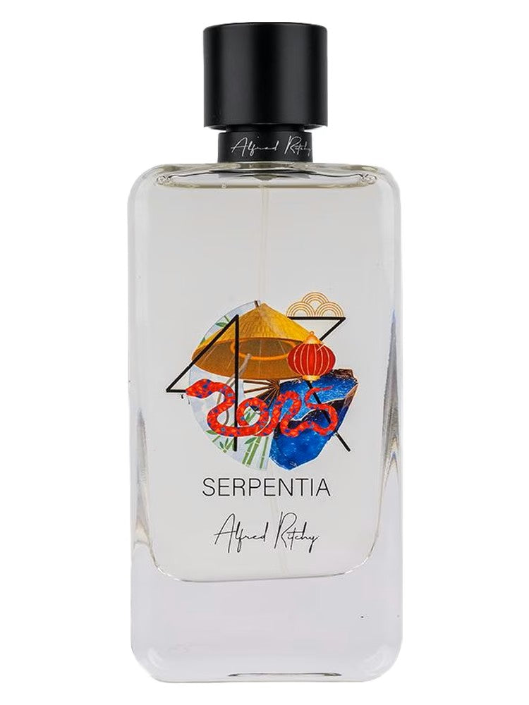 ALFRED RITCHY SERPENTIA luxury fragrance perfume bottle with artistic colorful design and black cap