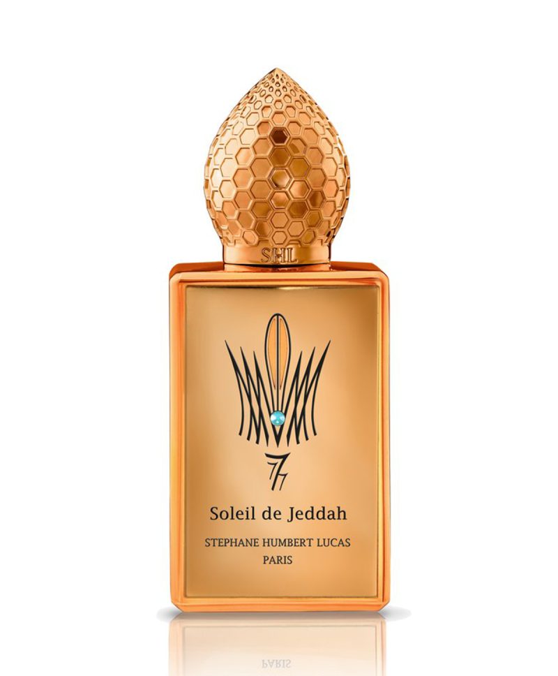 Stephane Humbert Lucas Soleil de Jeddah perfume bottle with golden ornate cap and elegant design