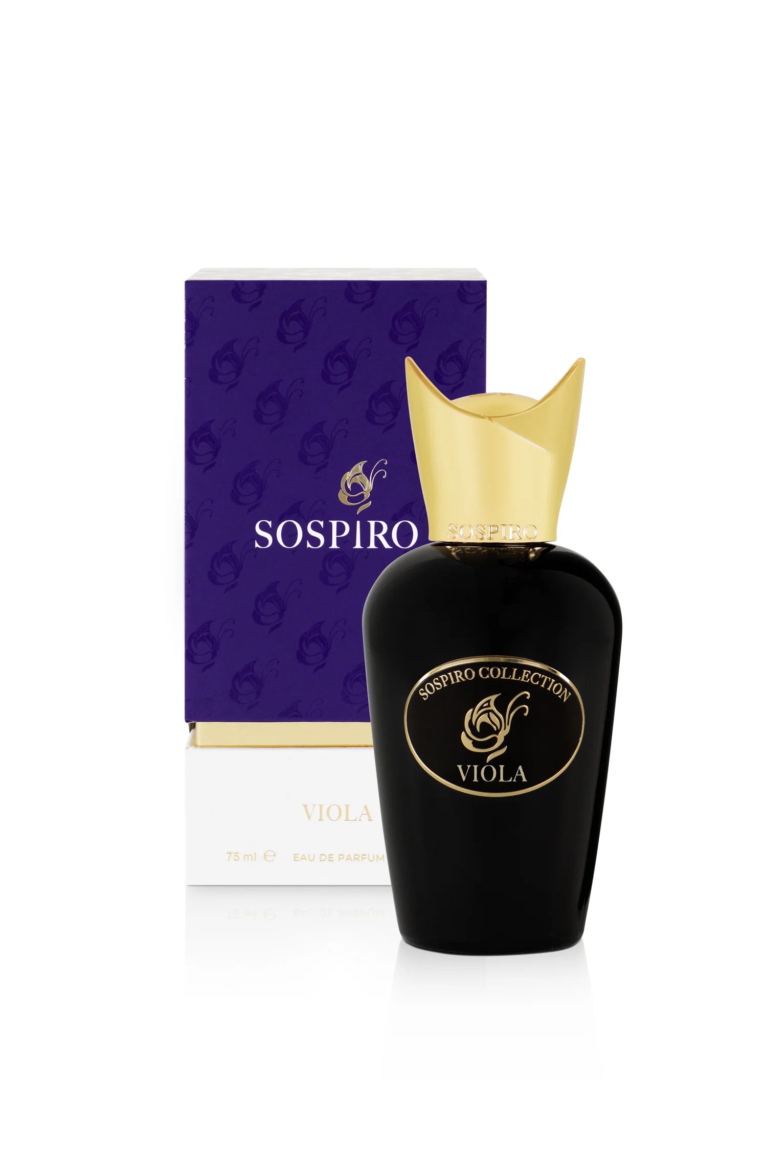 Sospiro Viola 75ml eau de parfum black bottle with gold cap and purple white packaging