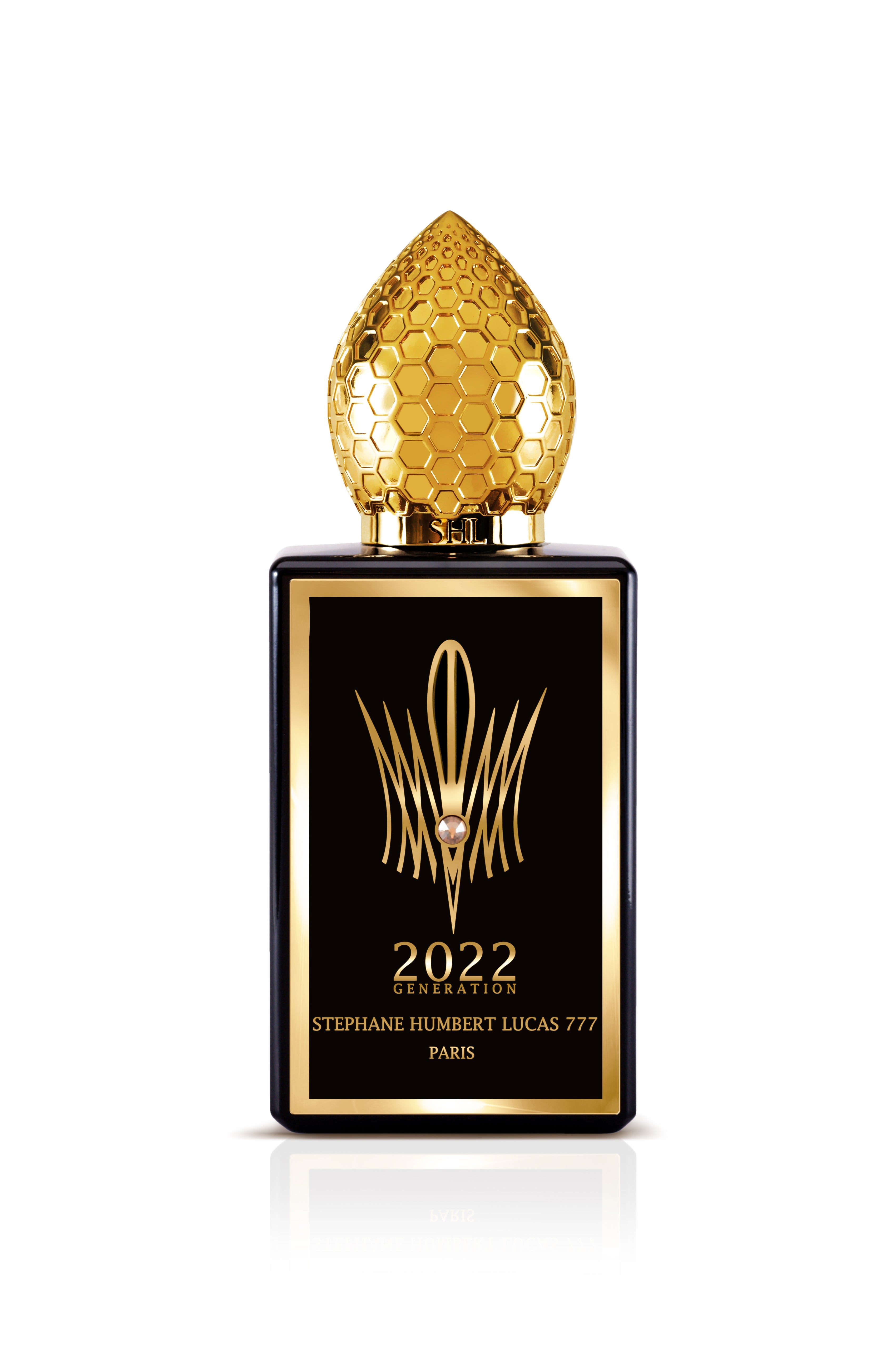 Stephane Humbert Lucas 2022 Generation Black perfume bottle with black and gold design and honeycomb cap