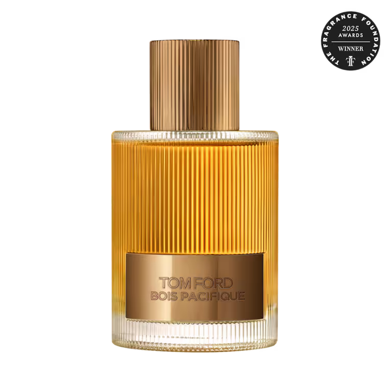 Tom Ford Bois Pacifique Eau de Parfum in an elegant glass bottle with a textured gold cap