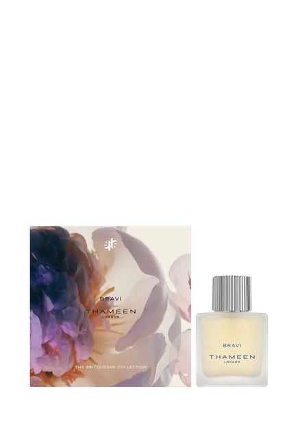 Thameen Bravi Cologne Elixir perfume bottle with frosted glass and silver ribbed cap by Thameen London