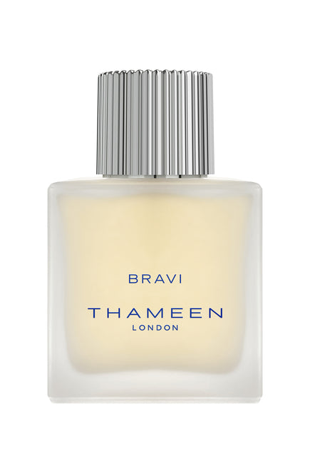 Thameen Bravi Cologne Elixir perfume bottle with frosted glass and silver ribbed cap by Thameen London
