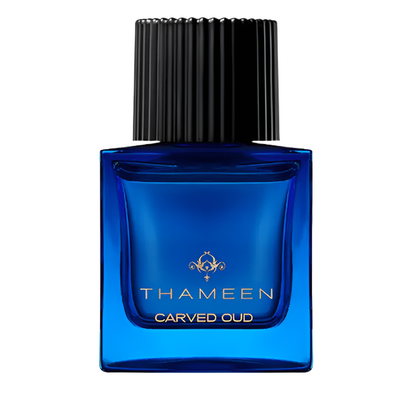 Thameen Carved Oud 50ml perfume in a blue glass bottle with a black ribbed cap by Thameen London fragrance