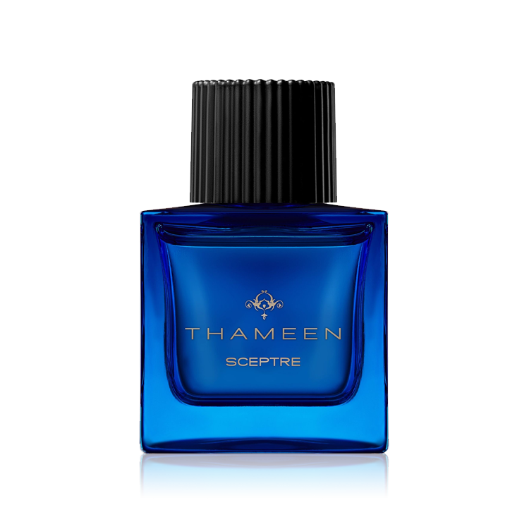 Thameen Sceptre perfume blue bottle with black cap luxury fragrance by Thameen London