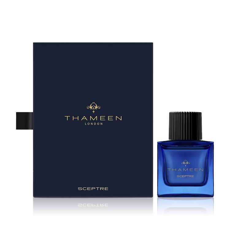 Thameen Sceptre perfume blue bottle with black cap luxury fragrance by Thameen London