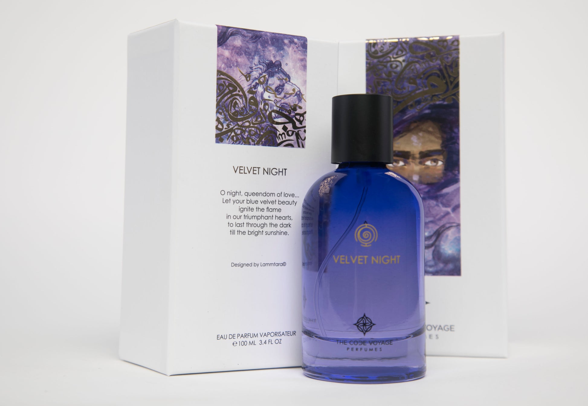 VELVET NIGHT Eau de Parfum by THE CODE VOYAGE in a blue bottle with artistic packaging