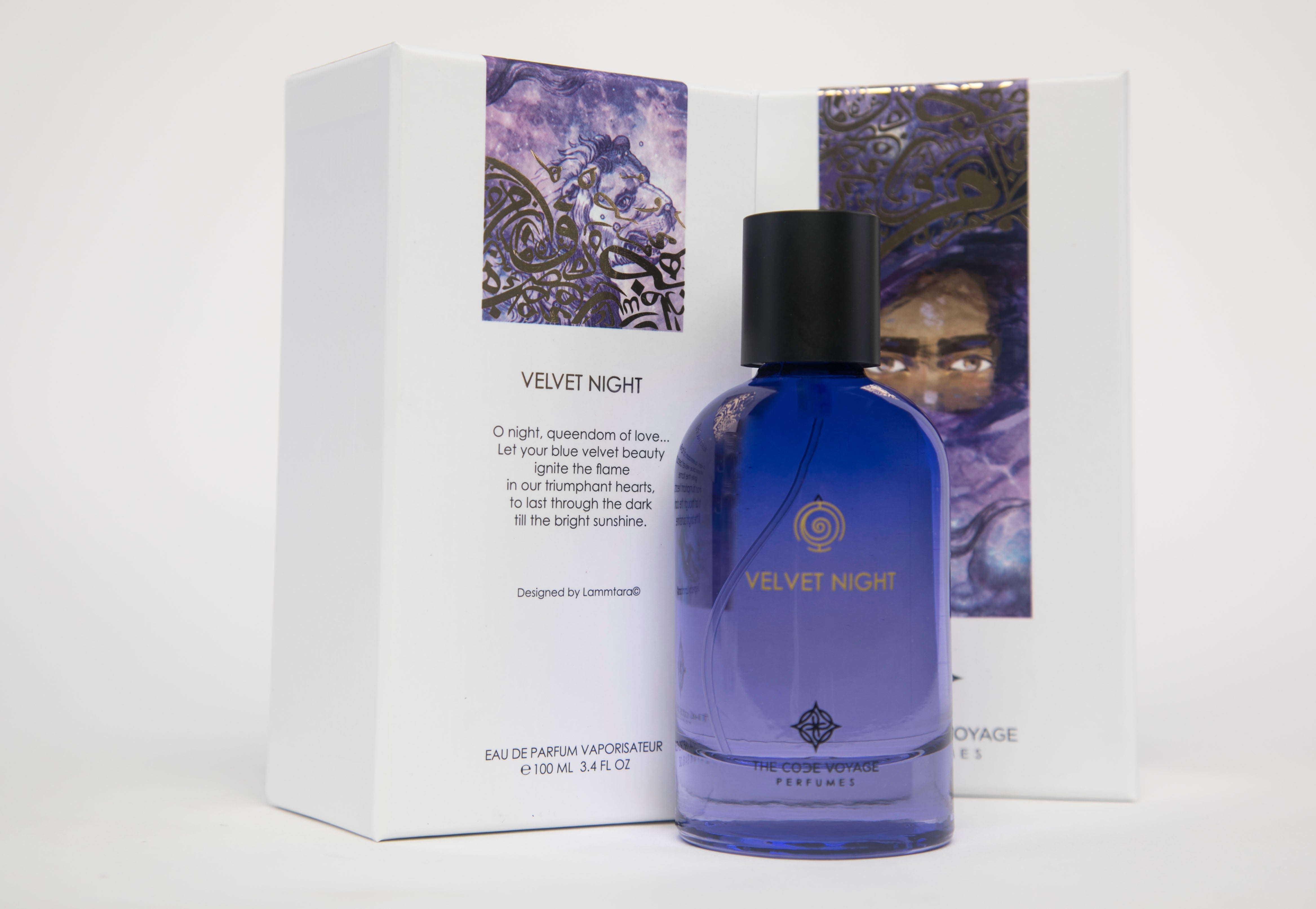 VELVET NIGHT Eau de Parfum by THE CODE VOYAGE in a blue bottle with artistic packaging