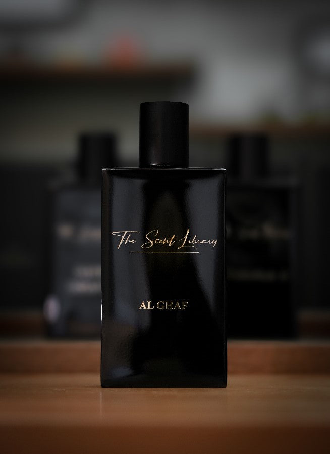 Black AL GHAF perfume bottle by Scent Library buy AL GHAF fragrance online with elegant gold lettering