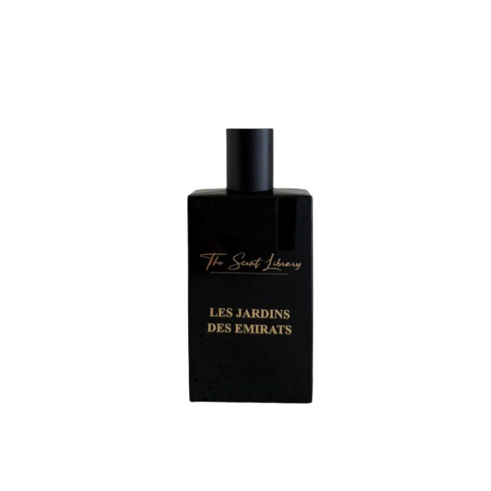 Scent Library Les Jardin des Emirates perfume in sleek black rectangular bottle with gold lettering