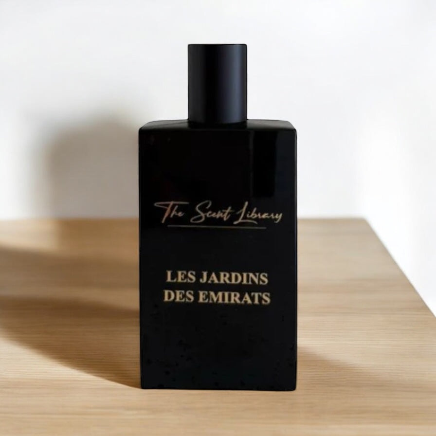 Scent Library Les Jardin des Emirates perfume in sleek black rectangular bottle with gold lettering