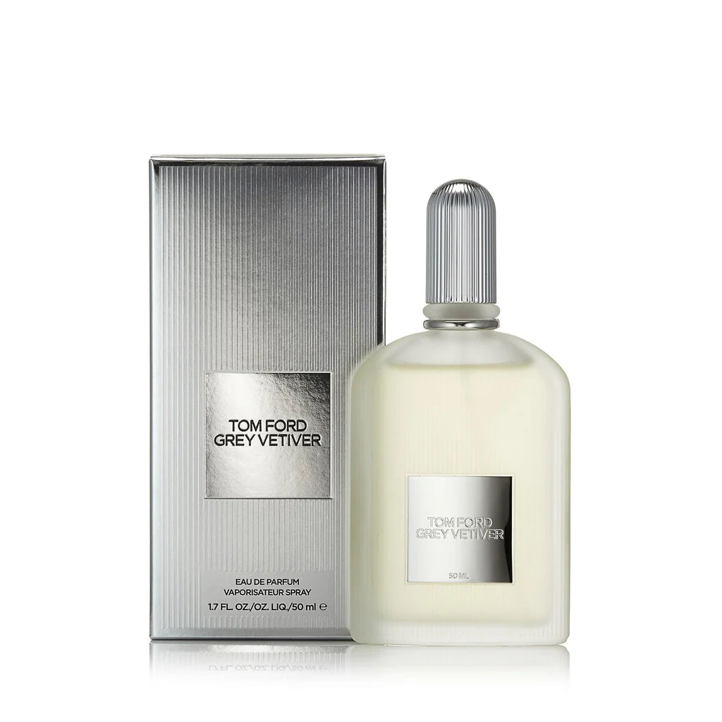 Tom Ford Grey Vetiver EDP 100ml bottle and box featuring a sleek design for a sophisticated fragrance
