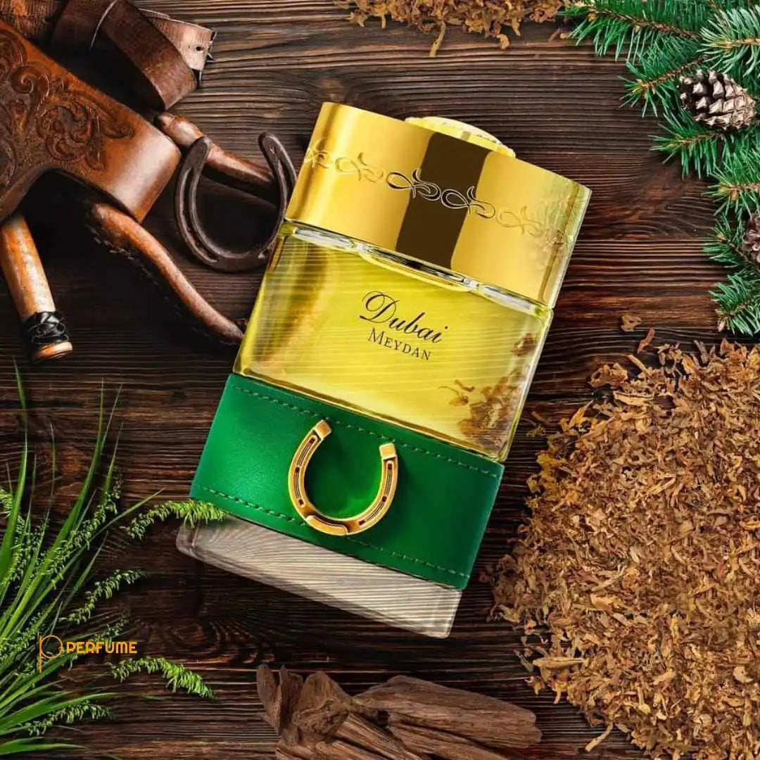 TSD Dubai Meydan eau de parfum by SPIRIT OF DUBAI bottle with green accents and gold cap surrounded by natural ingredients