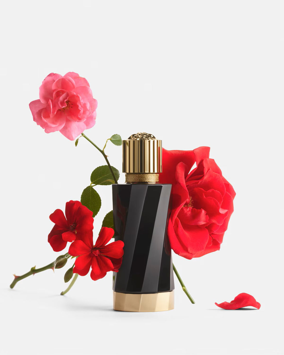 Versace Atelier Rose Flamboyante perfume bottle with red and pink roses on white background