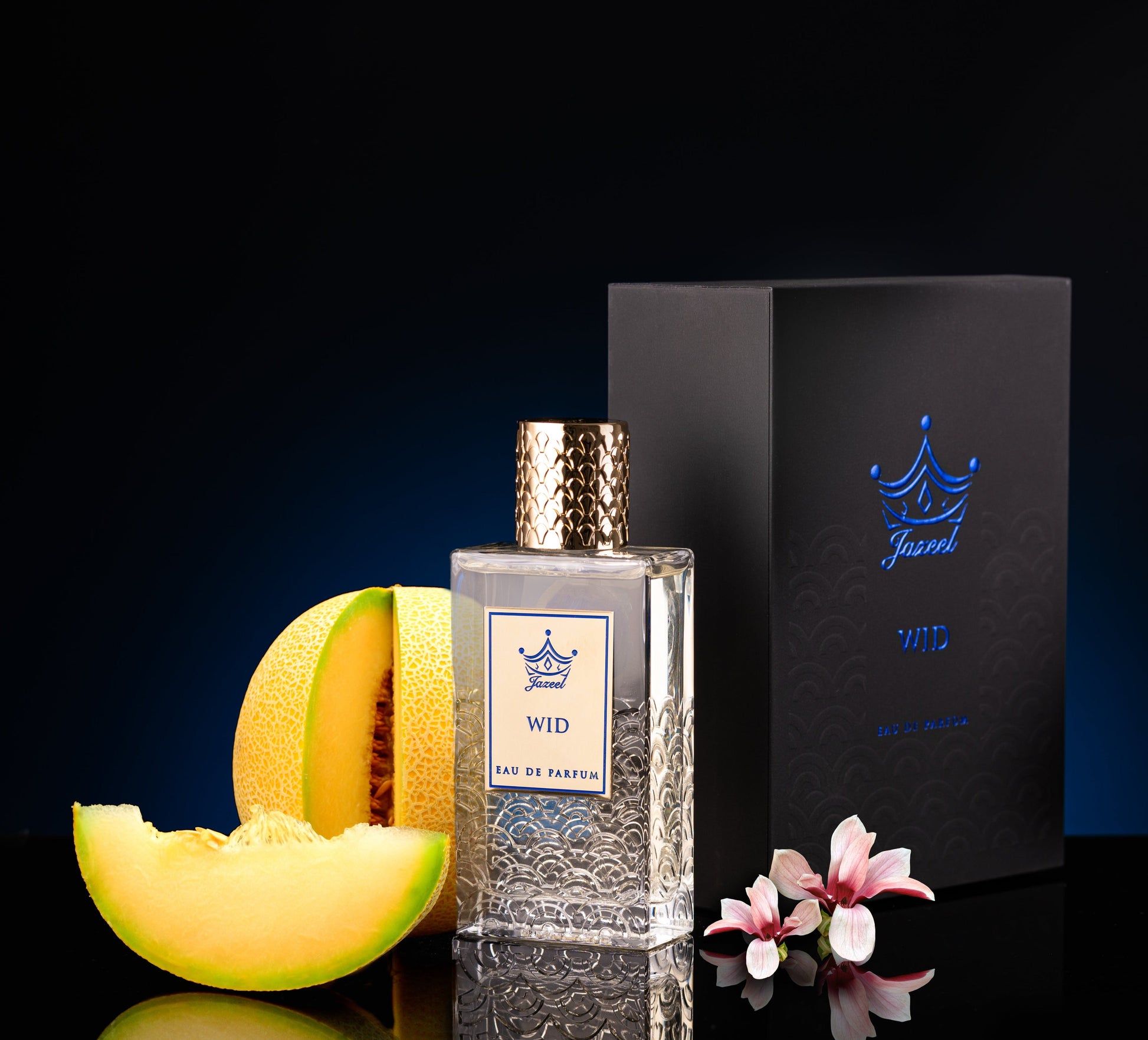 Jazeel Perfumes Wid Eau de Parfum 100ml bottle with honeydew melon slices and flowers on black background