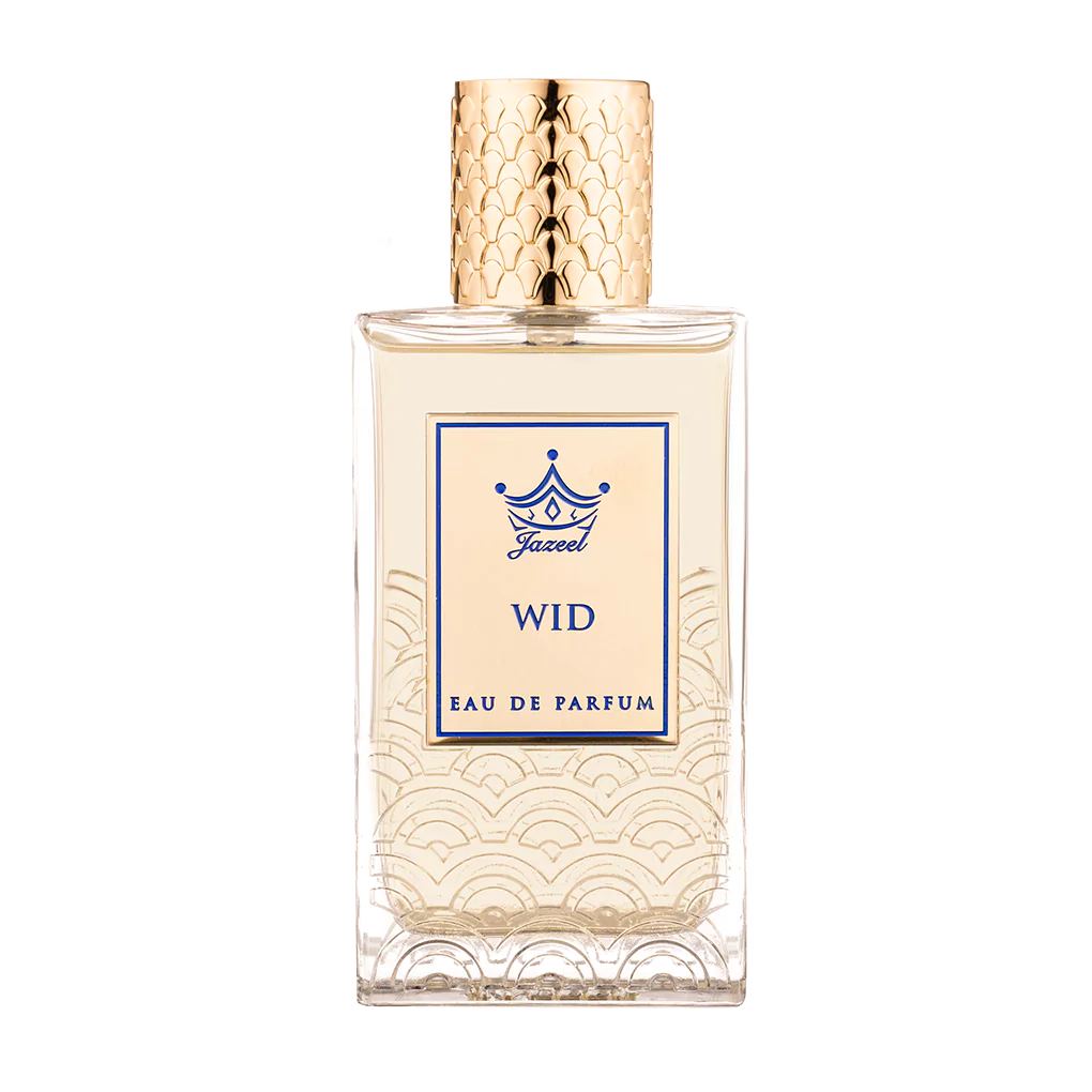Jazeel Perfumes Wid Eau de Parfum 100ml bottle with gold cap and elegant transparent design