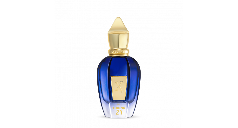 Xerjoff Torino 21 perfume bottle in deep blue with gold cap and label on black background