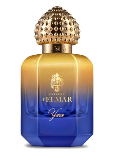 DELMAR YARA perfume for women in a blue and gold bottle with decorative cap on reflective surface