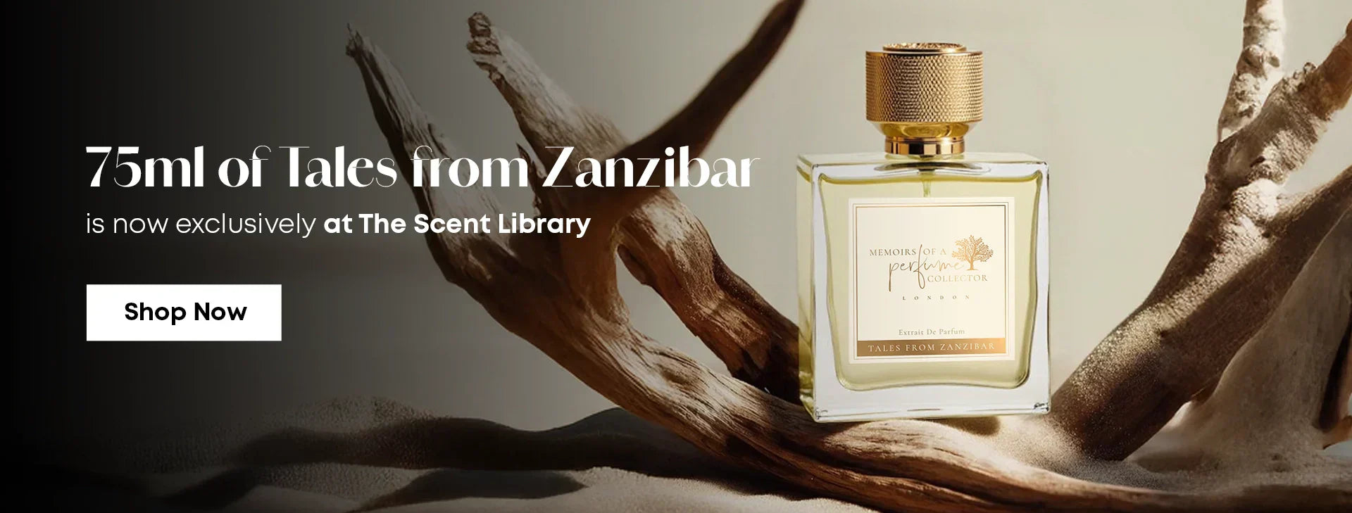 Tales from Zanzibar perfume review featuring a luxury 75ml bottle displayed on natural wood at The Scent Library