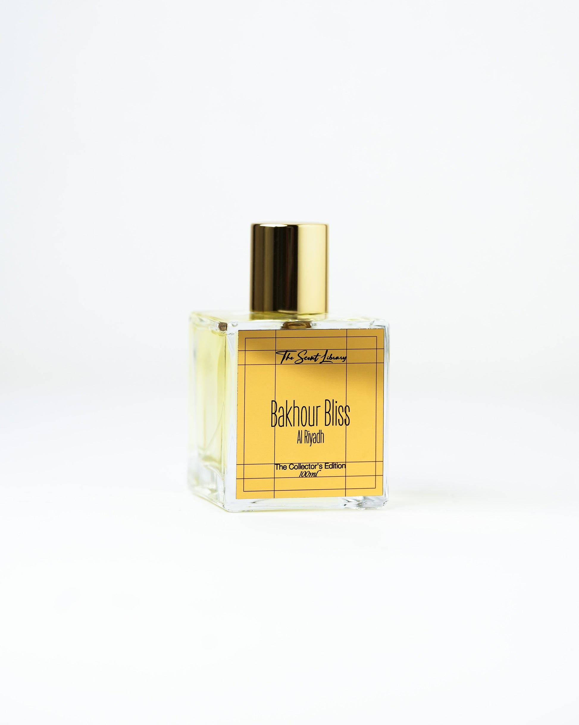 Bakhour Bliss Al Riyadh eau de parfum by The Scent Library, a clear square glass bottle with a gold cap and gold label, The Collector's Edition