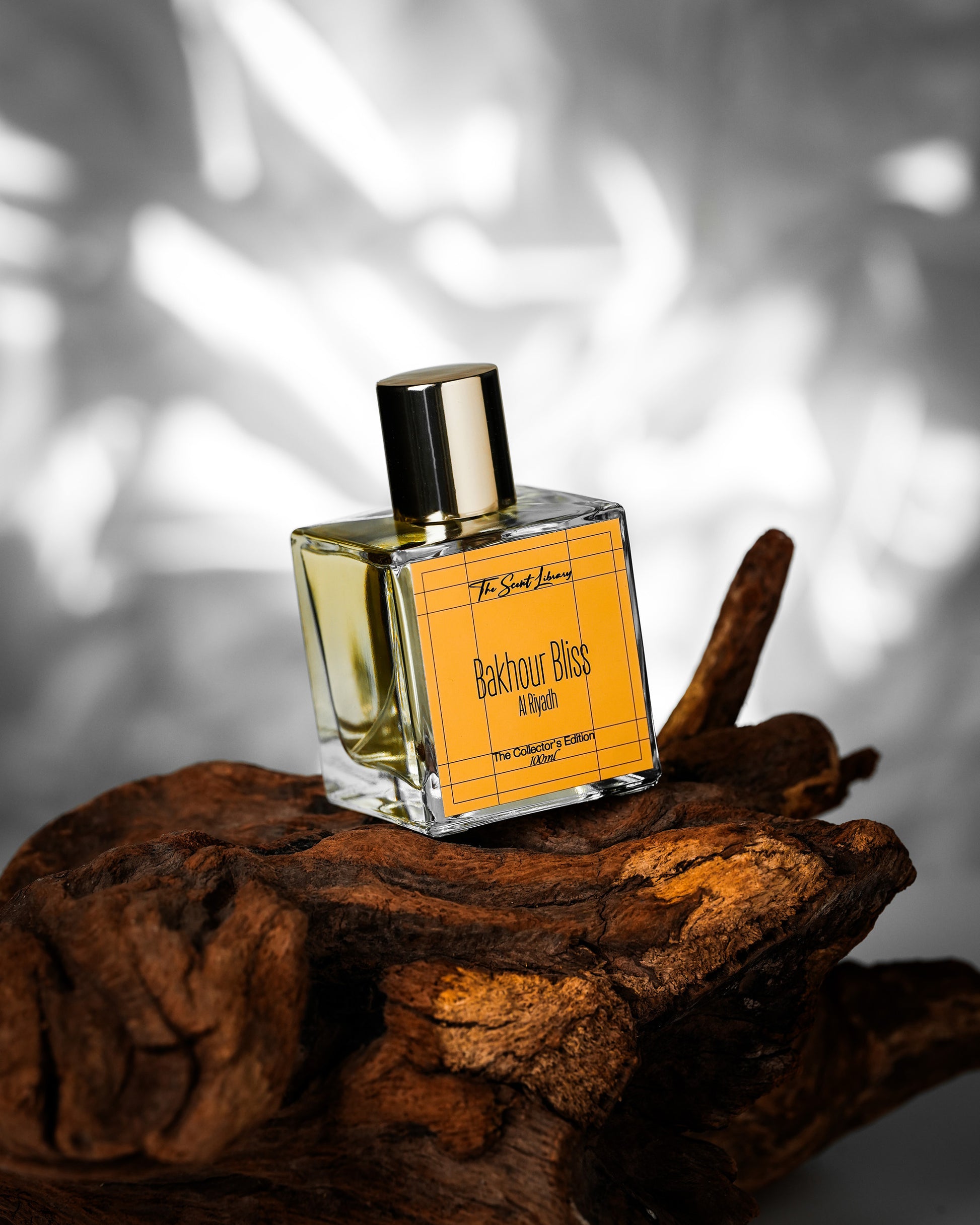 Bakhour Bliss Al Riyadh eau de parfum by The Scent Library, a clear square gold-capped glass bottle, Collector's Edition