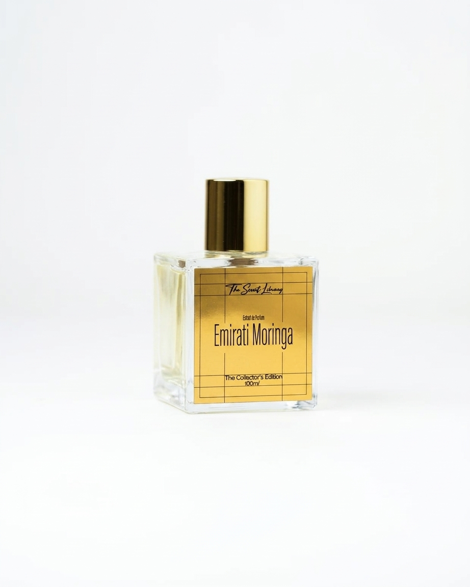Emirati Moringa perfume by The Scent Library, a clear square glass bottle with a gold cap and gold grid label, The Collector's Edition