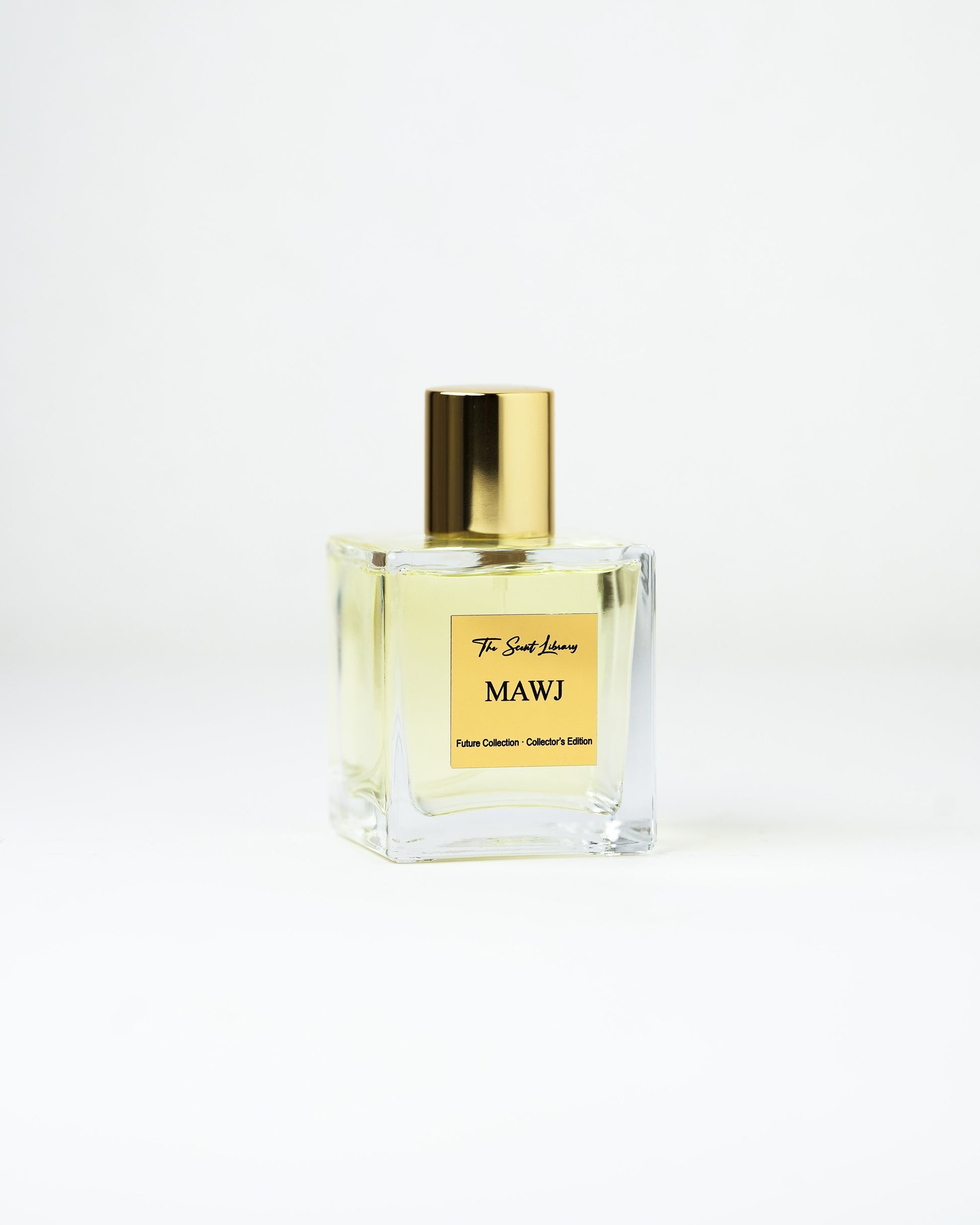 Mawj perfume by The Scent Library, a clear square glass bottle with a gold cap, a marine Collector's Edition created for Jumeirah