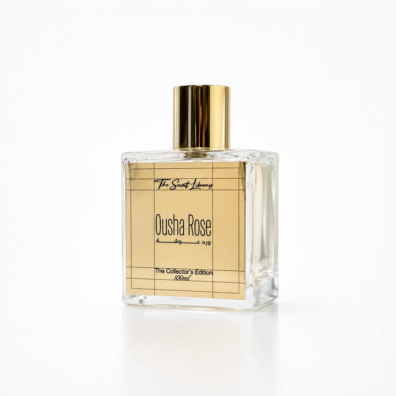Ousha Rose perfume by The Scent Library, a clear square glass bottle with a gold cap, an Emirati rose Collector's Edition