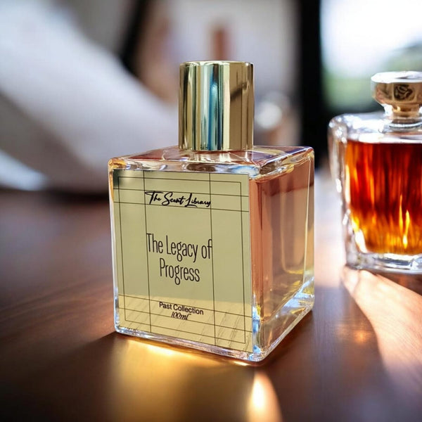The Legacy of Progress perfume by The Scent Library, a clear gold-capped glass bottle on a wooden table in a lifestyle setting, Past Collection