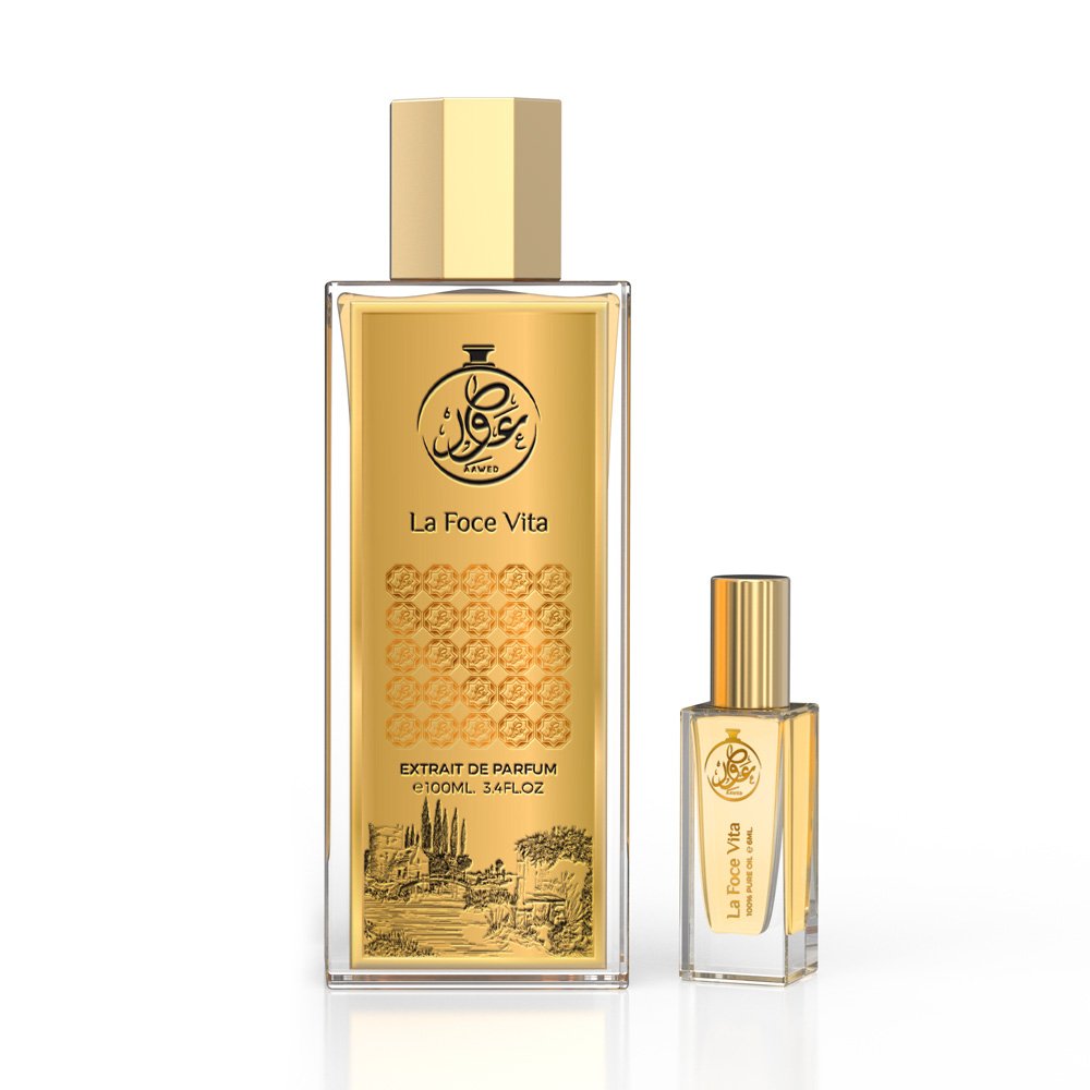 Aawed Perfumes La Foce Vita perfume set with elegant gold bottle and purple scenic packaging