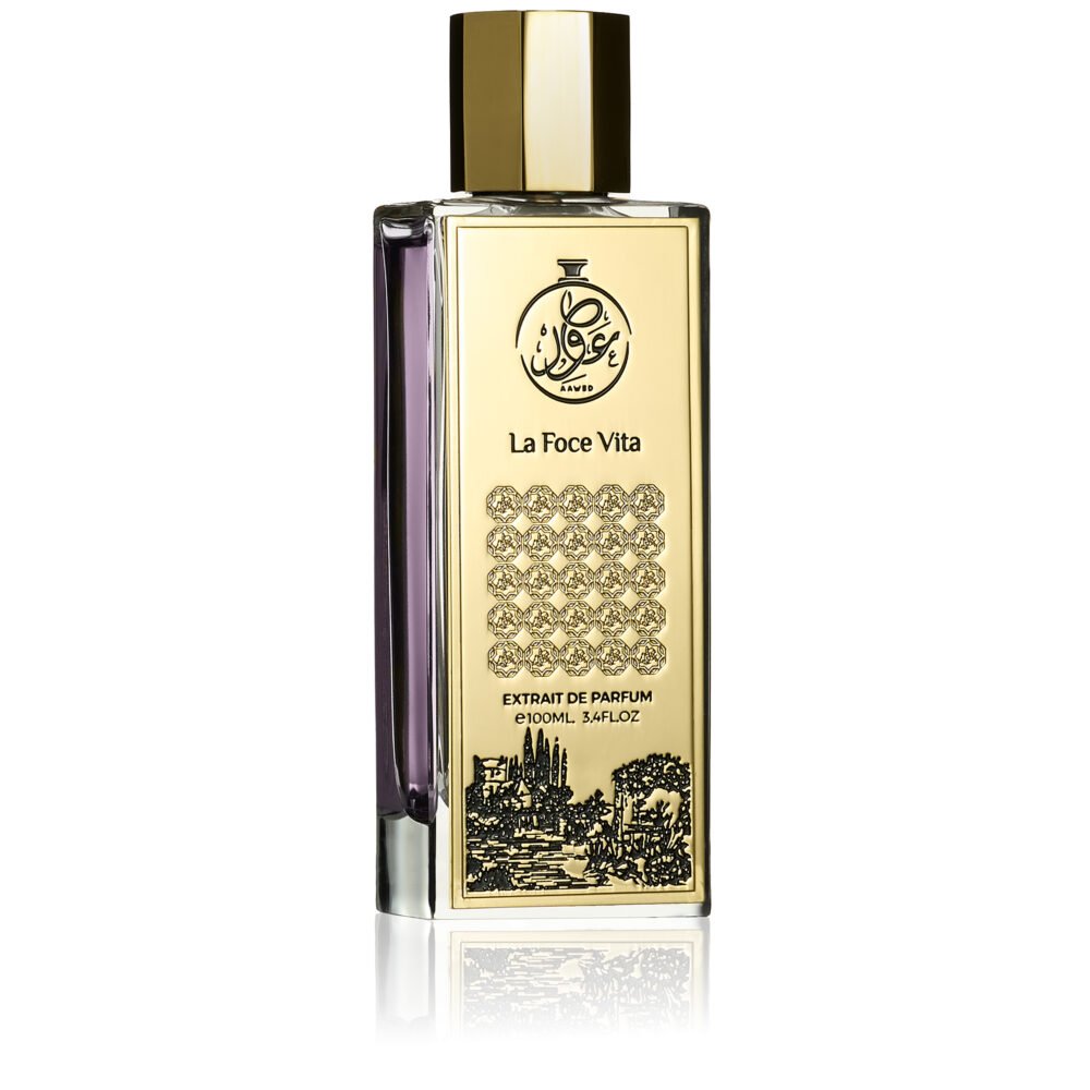 Aawed Perfumes La Foce Vita perfume bottle with gold label and purple liquid inside